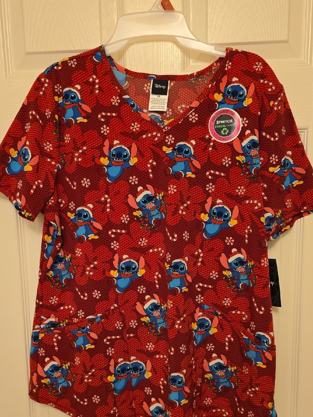 Disney Red Stitch Holiday Print Scrub Top